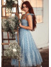 Sky Blue Printed Hearts Tulle Sweet Midi Party Dress
